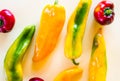 layout of Yellow and green peppers on yellow background. Concept of fresh food and healthy eating. Ready to eat Royalty Free Stock Photo