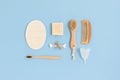 Layout of zero waste accessories for personal hygiene on a blue background Royalty Free Stock Photo