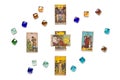 lays out tarot cards, crystal on white backgroun Flat lay Top view Fortune telling, prediction, esoteric concept