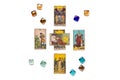 lays out tarot cards, crystal on white backgroun Flat lay Top view Fortune telling, prediction, esoteric concept