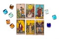 lays out tarot cards, crystal on white backgroun Flat lay Top view Fortune telling, prediction, esoteric concept