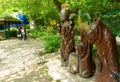 LAZAREVSKOE, SOCHI, RUSSIA - MAY, 29, 2021: Wooden figurine of three bears in the recreation area of Berendeyevo Kingdom