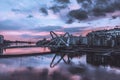 Lazarevsky Bridge in St. Petersburg. Cable-stayed Lazarevsky Bridge in Sant Petersburg a sunset, Russia