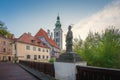 Lazebnicky Bridge with John of Nepomuk Statue and former Church of Saint Jost Tower - Cesky Krumlov, Czech Republic