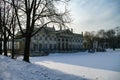 The Lazienki palace in Lazienki Park. Winter landscape with snow. Warsaw. Lazienki Krolewskie, Poland
