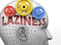 Laziness and human mind - pictured as word Laziness inside a head to symbolize relation between Laziness and the human psyche, 3d