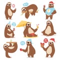 Laziness sloth animal character different pose like human cute lazy cartoon kawaii and slow down wild jungle mammal flat