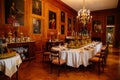 Lazne Kynzvart, Czech Republic, 7 August 2021: Metternich representative chateau or castle interiors, dining room with long table Royalty Free Stock Photo