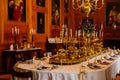 Lazne Kynzvart, Czech Republic, 7 August 2021: Metternich representative chateau or castle interiors, dining room with long table Royalty Free Stock Photo