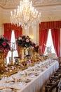 Lazne Kynzvart, Czech Republic, 7 August 2021: Metternich representative chateau or castle interiors, dining room with long table Royalty Free Stock Photo