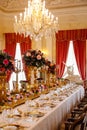 Lazne Kynzvart, Czech Republic, 7 August 2021: Metternich representative chateau or castle interiors, dining room with long table Royalty Free Stock Photo