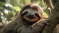 A lazy afternoon with a cute sloth hanging on a tree. Generative AI