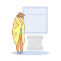 Lazy Apathetic Young Man Wrapped in a Blanket Standing Next to Heating Radiator Vector Illustration