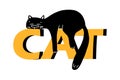 A lazy black cat is lying on the inscription in large letters cat .Vector illustration in the style of a cartoon
