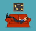 Lazy bored employee laying on couch, playing with telephone postponing his tasks from to do list.