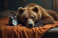 Lazy brown bear sleeps on bed with orange blanket near alarm clock. Concept of early wake up. Oversleeping animal on soft