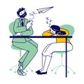 Lazy Business Man and Woman Sitting at Working Place in Office Sleeping and Fooling with Paper Airplane on Bored Meeting