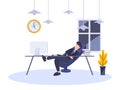 Lazy businessman resting sitting on chair at workplace. Vector illustration flat digital design style of person working late. Royalty Free Stock Photo