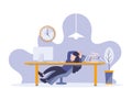Lazy businessman resting sitting on chair at workplace. Vector illustration flat digital design style of person working late. Royalty Free Stock Photo