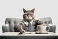 lazy Cat Boss - seat in the sofa and have coffee on the table- photo studio in white solid background