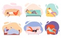 Lazy characters. Laying people on couch or sofa watching tv sleeping eating in bed relaxing persons vector illustrations