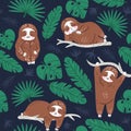 Lazy cute sloth dreaming in jungle. Textile seamless vector pattern. Wallpaper ornament for nursery and baby gift packing. Cartoon