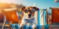 dog summer sunglasses pet funny chair vacation beach lazy relax. Generative AI. Royalty Free Stock Photo