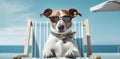 lazy dog sunglasses pet relax funny summer chair vacation beach. Generative AI. Royalty Free Stock Photo