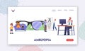 Lazy Eye, Amblyopia Disease Landing Page Template. Tiny Characters Visiting Oculist Doctor for Sight Treatment