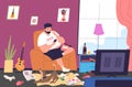 Lazy fat man. Obese person eat stress on chair watching tv messy junk room, wrong unhealthy sedentary lifestyle, funny Royalty Free Stock Photo