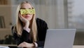 Lazy funny sleeping girl caucasian business woman tired sleepy female worker with sticky notes on eyes glasses with Royalty Free Stock Photo