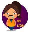Lazy girl with brown ponytail and purple background, illustration, vector