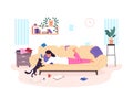 Lazy girl on sofa. Depressed woman in home couch, apathy person wearing pajamas hold smartphone, mess of clothes room