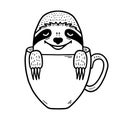Lazy hand drawn sloth face inside a coffee cup. Hand drawn, doodle style.