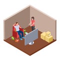 Lazy husband watching TV with beer and garbage, wife swears - family isometric vector concept