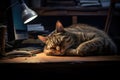 Lazy little kitten lying on a table at the workplace