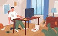 Lazy man at home. Guy leading sedentary lifestyle, homebody sitting at computer, room clutter, clothes dirt stains
