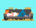 Lazy man lying on couch drinking beer. indolent person guy is lying on sofa Royalty Free Stock Photo