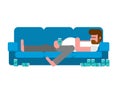 Lazy man lying on couch drinking beer. indolent person guy is lying on sofa Royalty Free Stock Photo