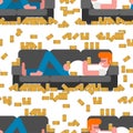 Lazy man lying on couch drinking beer pattern seamless. Hangover guy is lying on sofa background Royalty Free Stock Photo