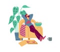 Lazy man napping in chair with fast food, flat vector illustration isolated.