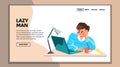 Lazy Man Working On Laptop At Workspace Vector