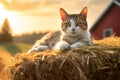Lazy Morning Cat on Haystack with Quaint Farmhouse