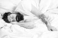 Lazy morning. Man bearded hipster sleepy in bed. Early morning hours. Insomnia and sleep problems. Relax and sleep