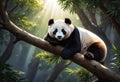 Lazy panda bear sleeping on tree branch. Generative AI