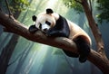 Lazy panda bear sleeping on tree branch. Generative AI