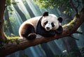 Lazy panda bear sleeping on tree branch. Generative AI