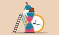 Lazy sandglass and waste time finance problem. Deadline work and depression man to business vector illustration concept.