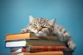 Lazy, sleepy kitten lying on the pile of books.AI generated