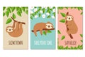 Lazy sloth. Cute slumbering sloths on branch. Child t shirt design or greeting cards vector set